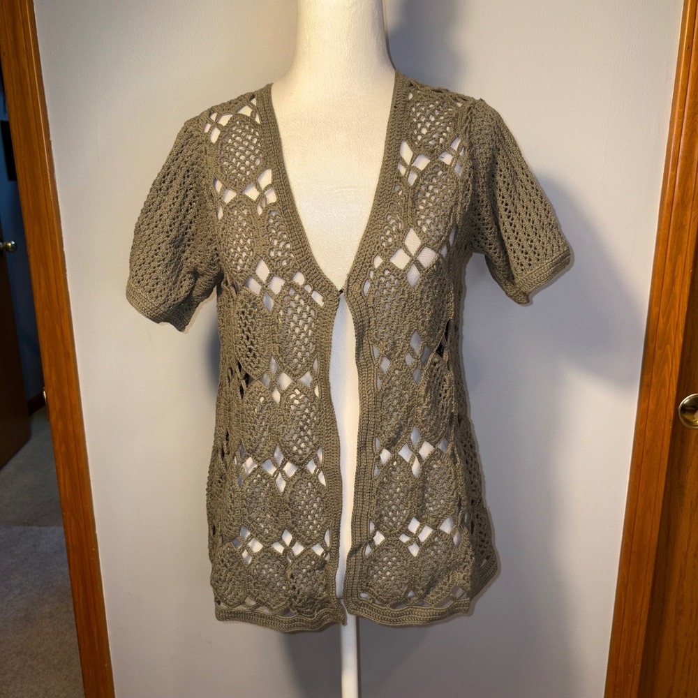 WinterSilks Crochet Cardigan Sweater Olive Green Cotton Open Knit cottagecore M